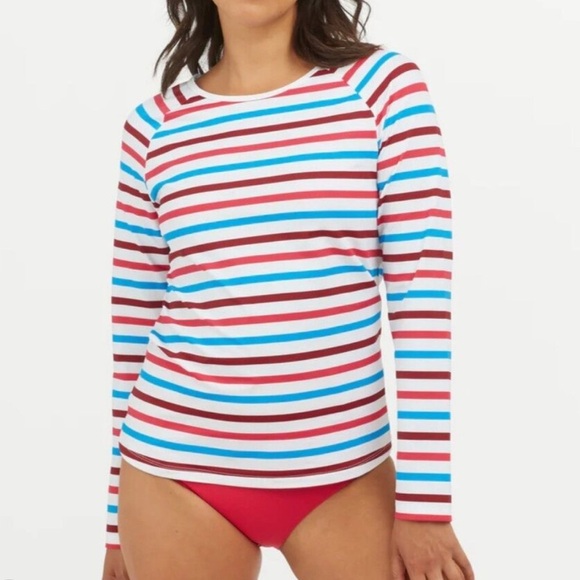 NWT SPANX Medium Swim Rashguard Ocean Stripe Hibiscus Patriotic Long Sleeve Top - Picture 1 of 9